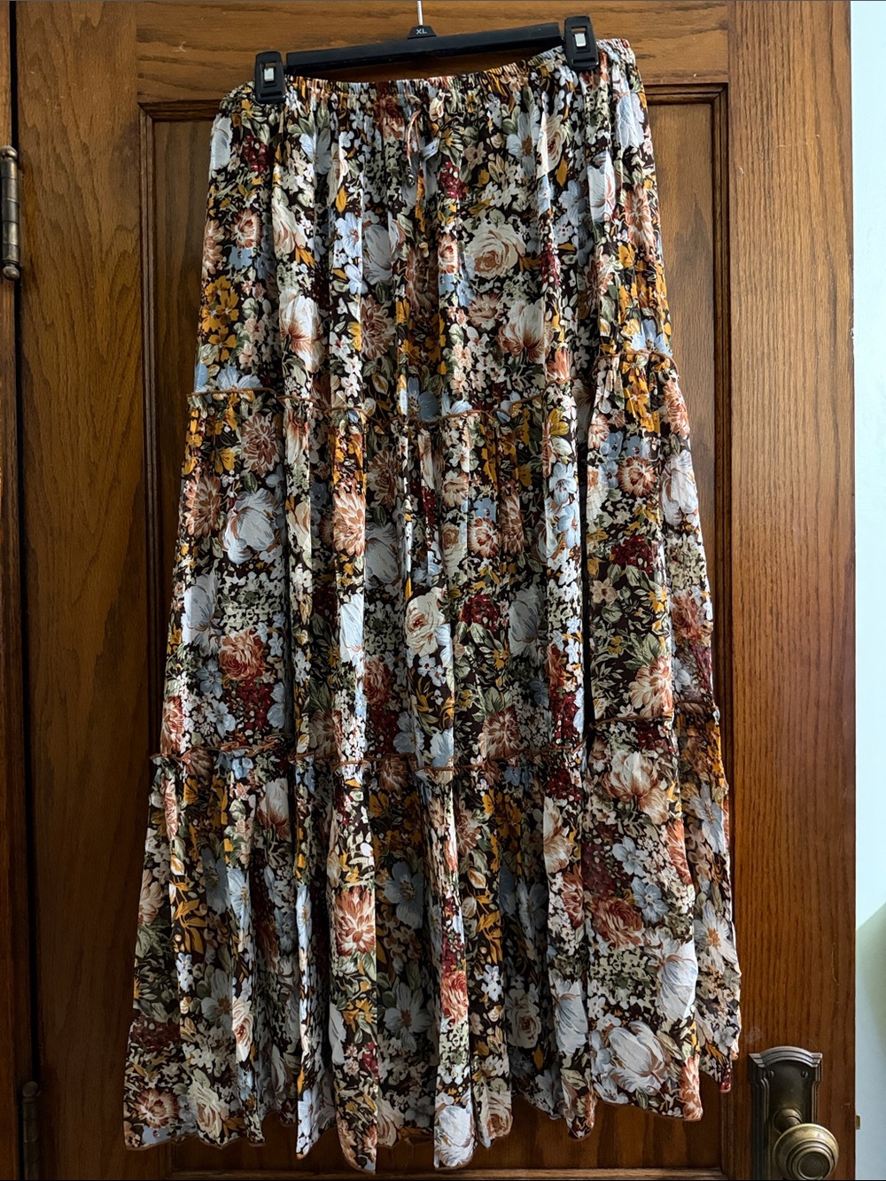 Boho Floral Tiered Maxi Skirt - Brown Multi